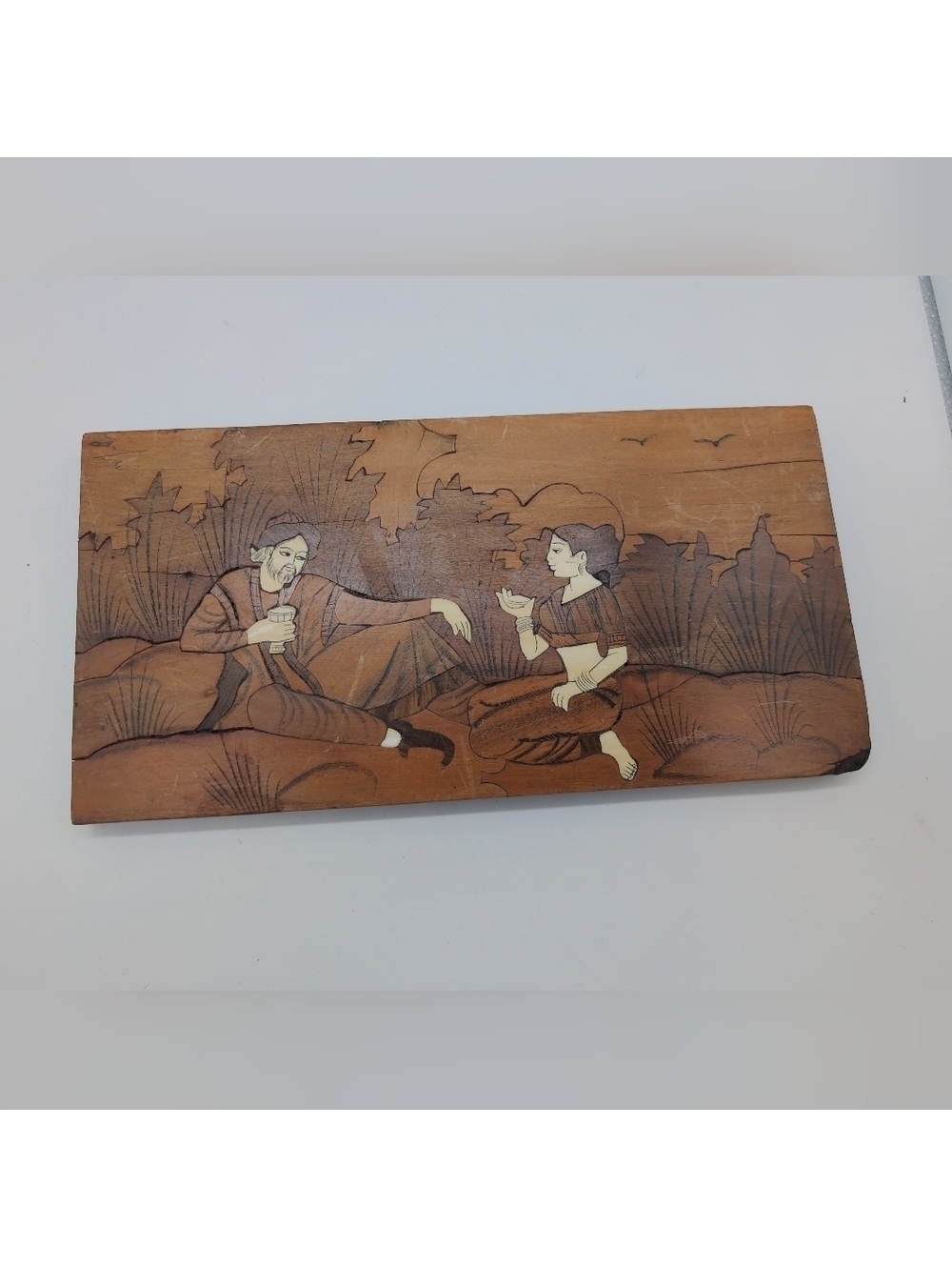 Vintage Marquetry Wood Inlay Wall Art Panel, Figural Man & Woman Couple Scene